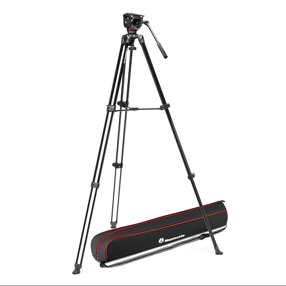 Vooraanzicht van een uitgeklapte Manfrotto 500X Twin Leg Tripod inclusief tas